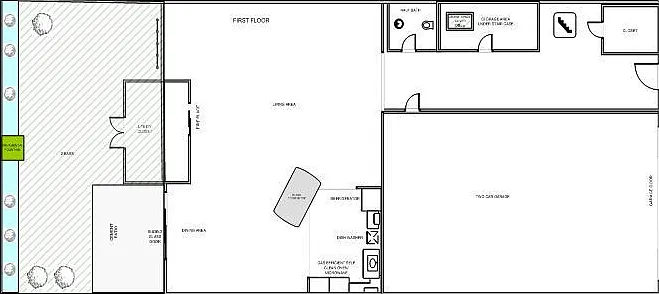 Downstairs: Living room / kitchen / half-bath / attached garage / Patio