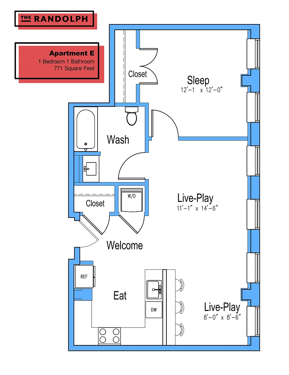 Floor plan 1 Bed 1Bath E