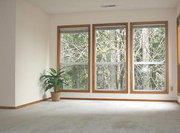 Large master bedroom overlooks greenspace.