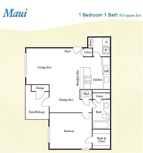 Floor plan A7 - Maui - One Bedroom, One Bathroom