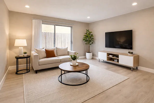 Beautiful and spaciouse living room area that leads to patio. - Northrop Apartments