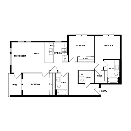 Floor plan 3 Bed 2 Bath Garden with Garage - 1226B