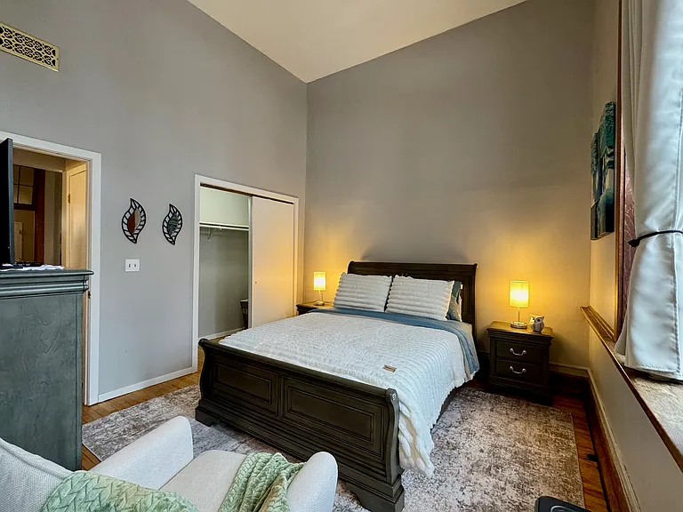 Very nice size bedroom with Samsung TV, Roku and double sized closet with shelving and lighting.