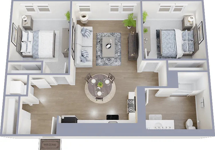 2 Bed 1 Bath Floorplan Diagram