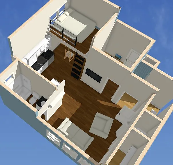 3 D Floor plan shows the large, roomy area with high vaulted ceilings