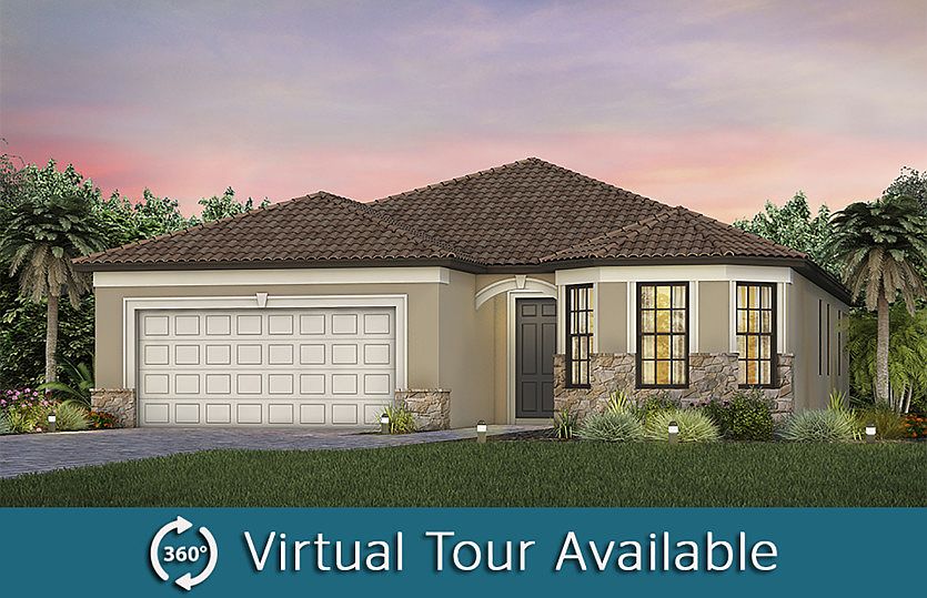 The Mystique, a one-story single family home with 2 car garage, shown as Home Exterior FM2