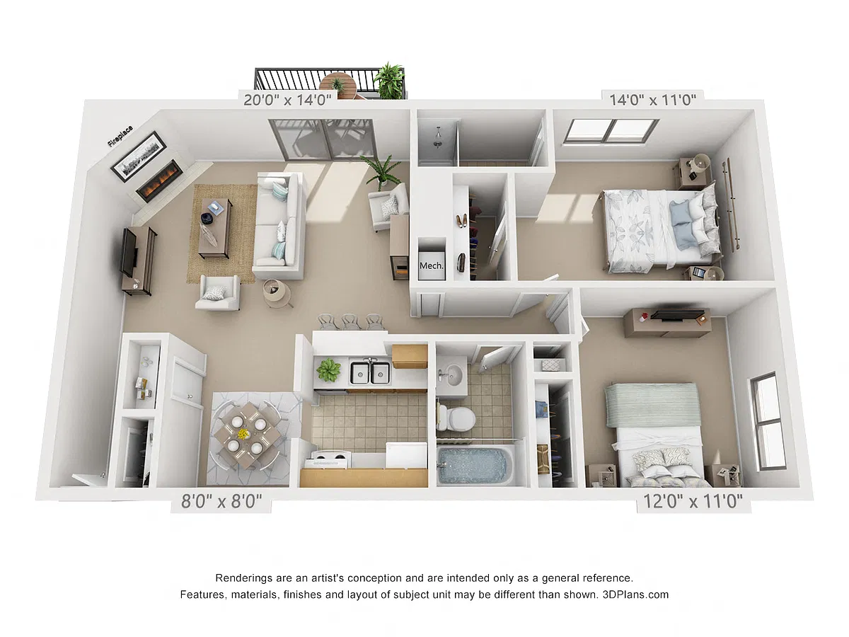 Floor plan 2 Bedroom, 2 Bath (Patio/Fireplace/Courtyard View)