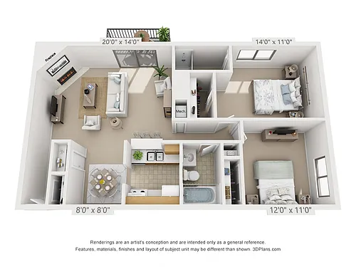 Floor plan 2 Bedroom, 2 Bath (Patio/Fireplace/Courtyard View)