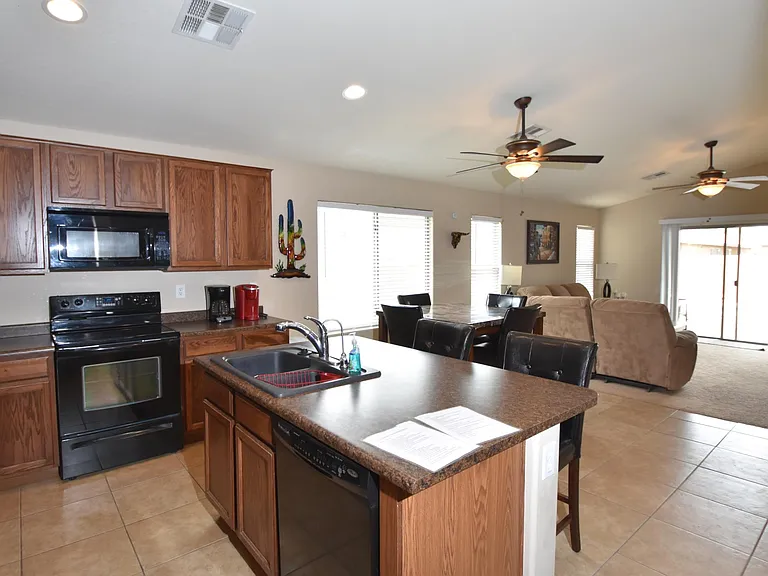 Island and living room