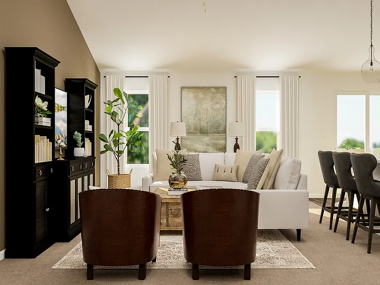 Rendering of the living room furnished
 with a sectional couch, two arm chairs, coffee table and media center.