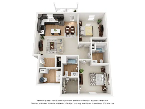 Floor plan 2 Bedroom Second Level with Corner Kitchen