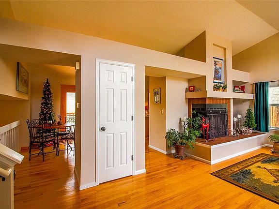 Great room with storage closet, gas fireplace, vaulted ceilings, and lots of naturall light.