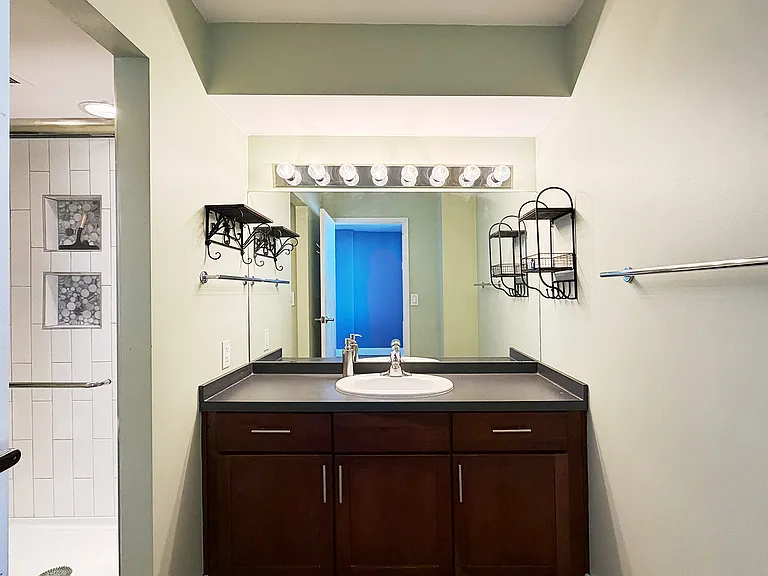 Primary Bathroom _ Vanity
Spacious primary bathroom vanity with dark wood cabinetry, large mirror, and vanity lighting