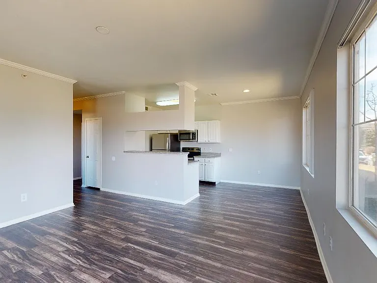 Apartment kitchen with stainless steel appliances in select homes, dining and living room with wood-style flooring.