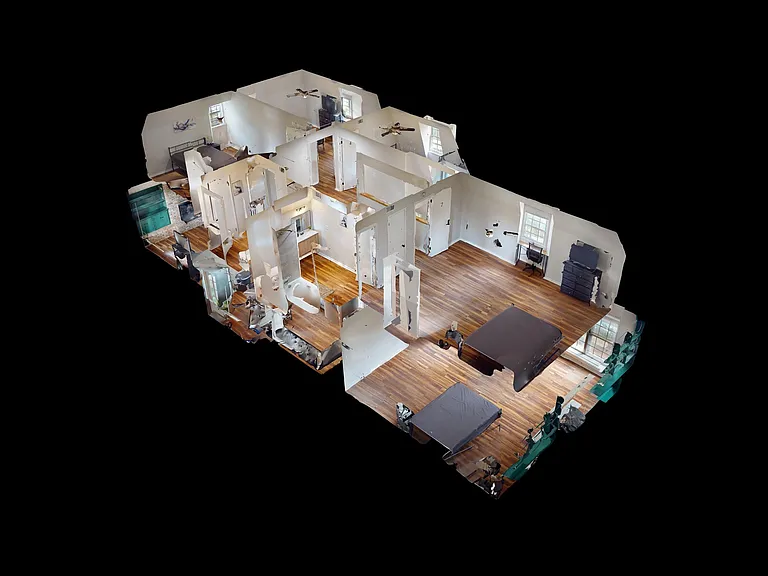 3D dollhouse-style floor plan view showing multiple rooms with wood-look flooring and several windows.