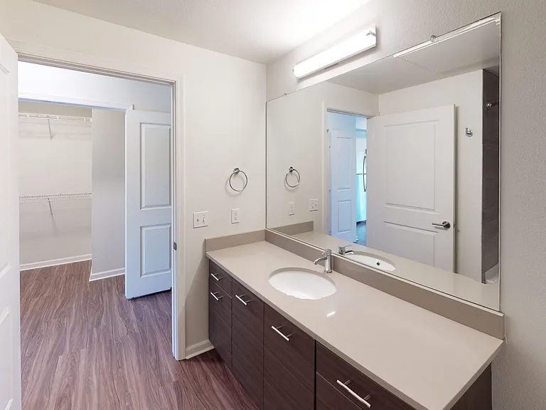 Apartment bathroom with wood-style flooring.