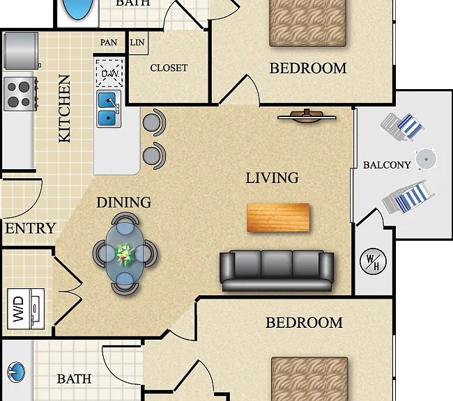 2 Bed 2 Bath 916 Sq. Ft. Dual Master Floorplan Diagram