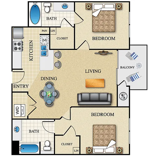 Floor plan 2 Bed 2 Bath 916 Sq. Ft. Dual Master