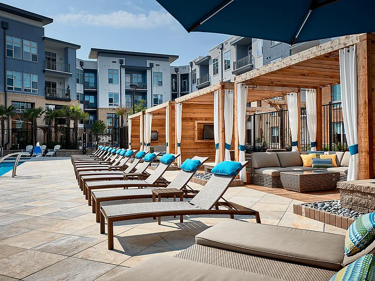 Swimming Pool Deck with Loungers & Cabanas