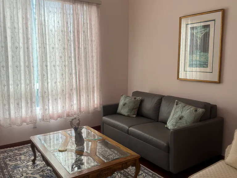 Living room features very high vaulted ceiling, cherry hard wood flooring and lots of natural light,