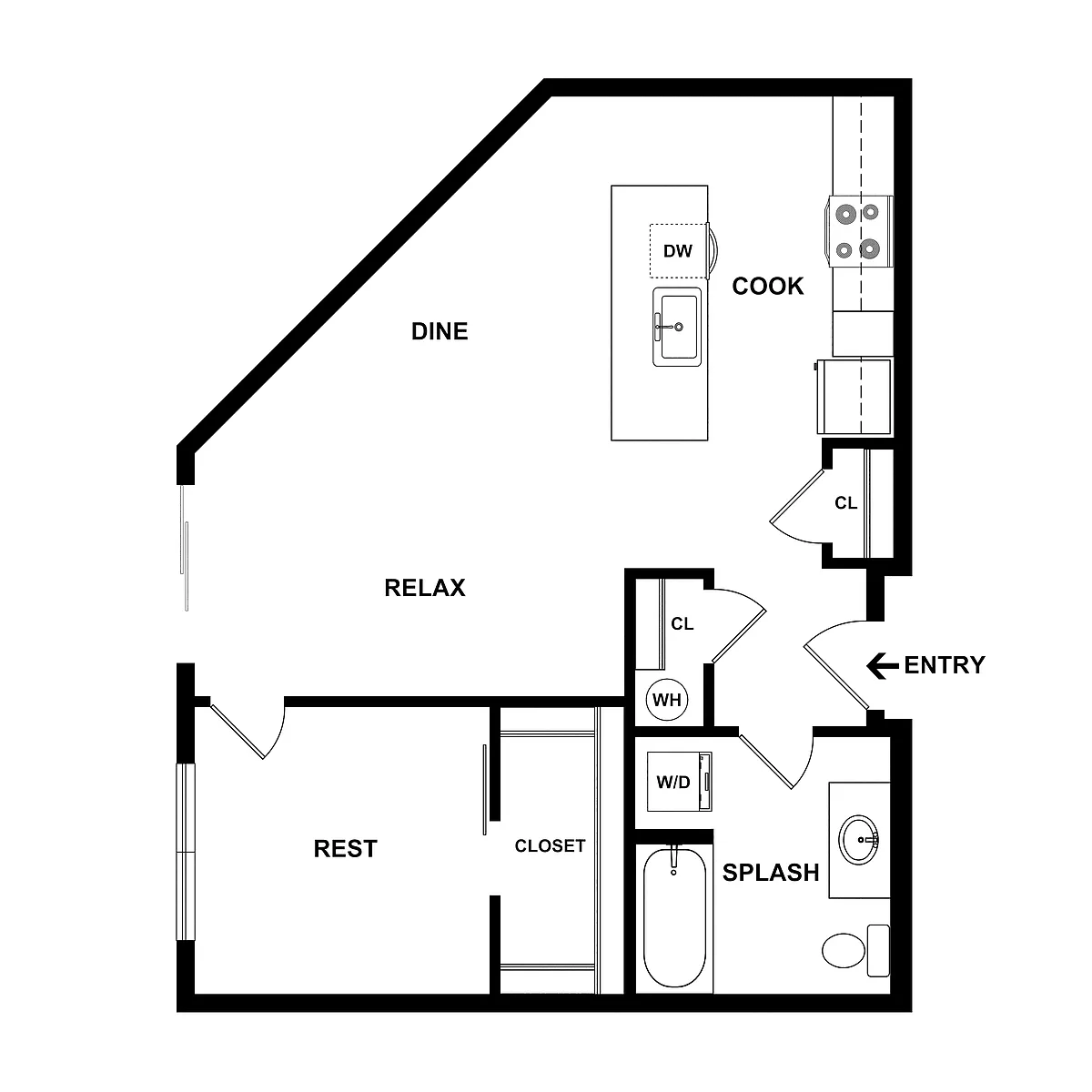 Floor plan 1 Bed/1 Bath-Carbon