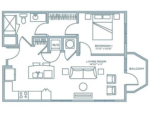 Floor plan One Bedroom One Bath (708 SF)