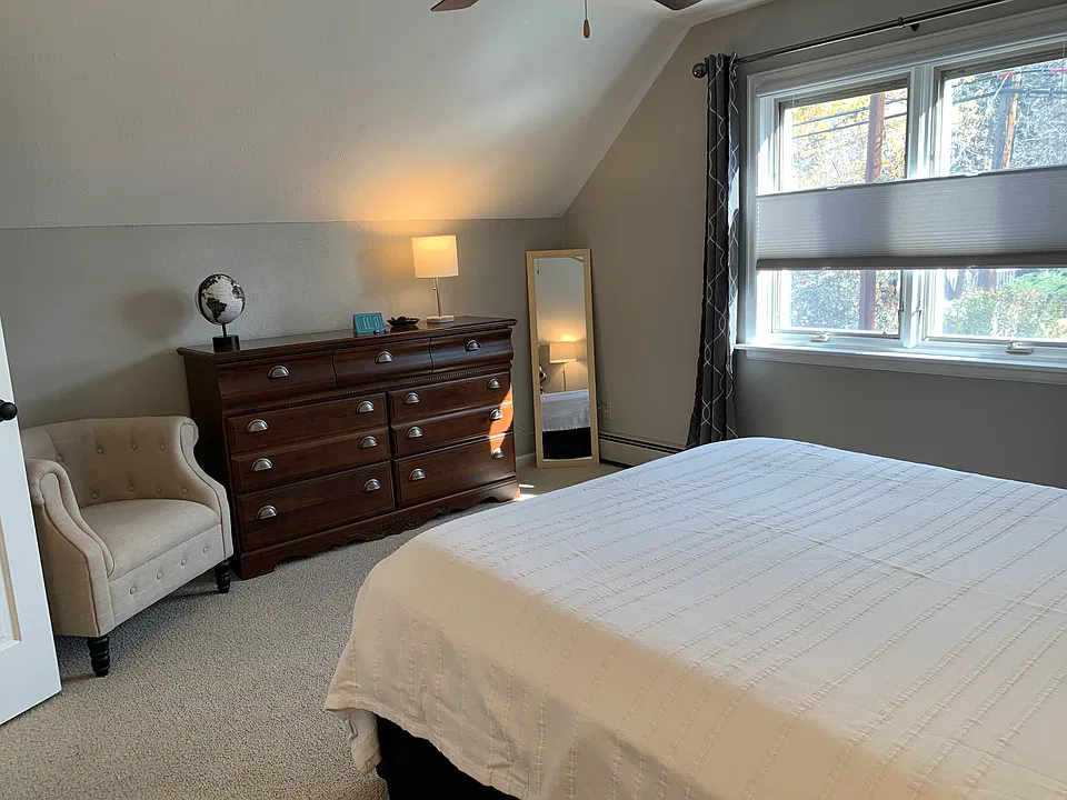 Large dresser for ample clothes storage. Ceiling fan. Full length mirror. Top down/bottom up shades.
