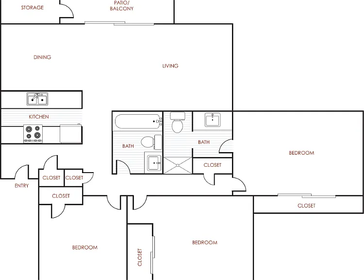 3 Bedroom 2 Bathroom Floorplan Diagram