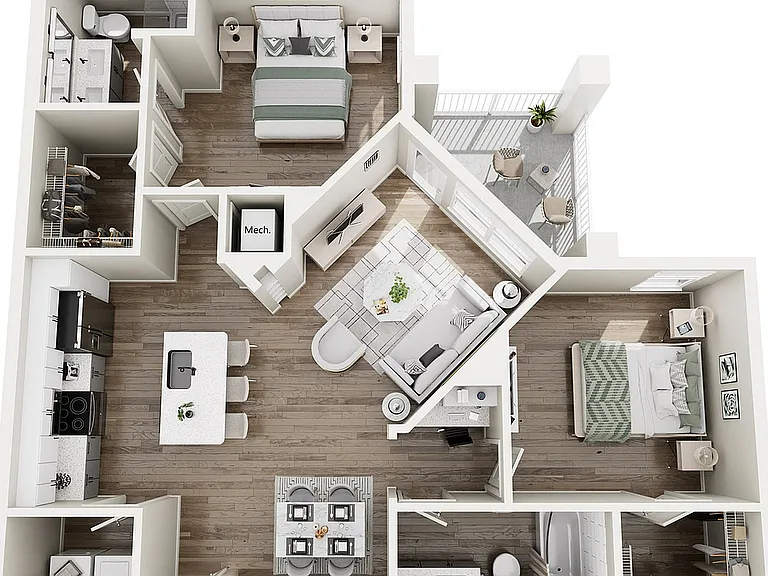 The Soane, 2/2, 1243 SF | Modern 3D floor plan showcasing 2 bedrooms, open-plan kitchen, cozy living area, and a private balcony, designed for contemporary living. The Soane, 2/2, 1243 SF | Modern 3D floor plan showcasing 2 bedrooms, open-plan kitchen, co