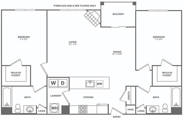 Floor plan Two Bedroom Two Bath (1122 SF)