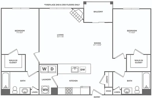 Floor plan Two Bedroom Two Bath (1122 SF)