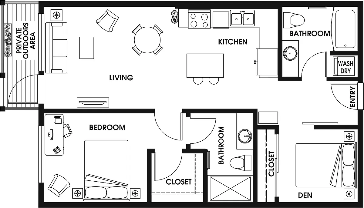 Floor plan 1 Bed/2 Bath Den-B7a_P2