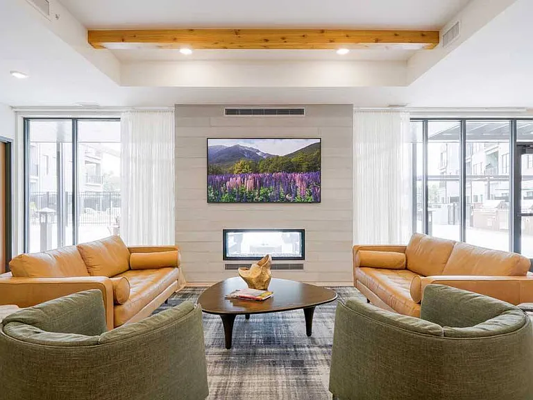 Relax with friends or enjoy a solo unwind in the clubroom lounge, featuring a cozy fireplace and TV lounge setup.