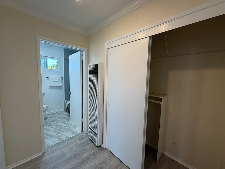 Hallway with large bonus closet.