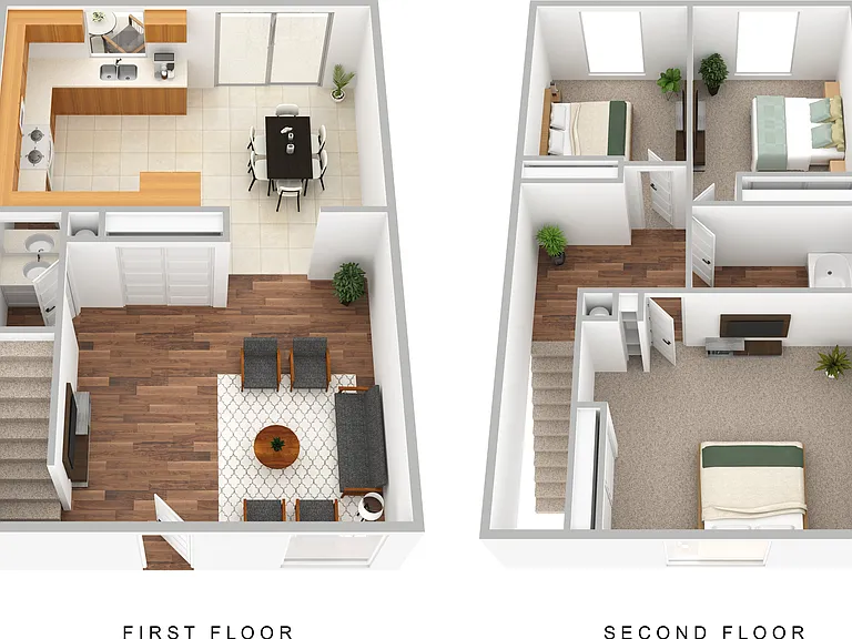 3D Furnished three-bedroom, one-and-one-half-bathroom floor plan rendering 3D Furnished three-bedroom, one-and-one-half-bathroom floor plan rendering
