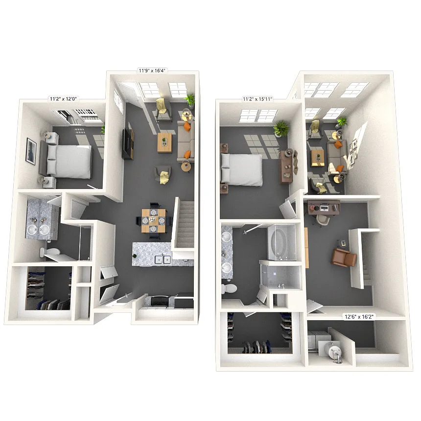 Floor plan Dual Level 2x2 1404-1525 SF