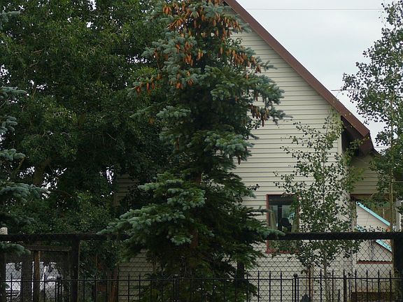 Close-up of house. Inner fenced yard and decorative black f