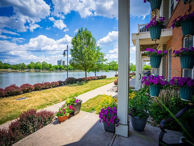 View from spacious, covered, private river-side porch towards Genesee River