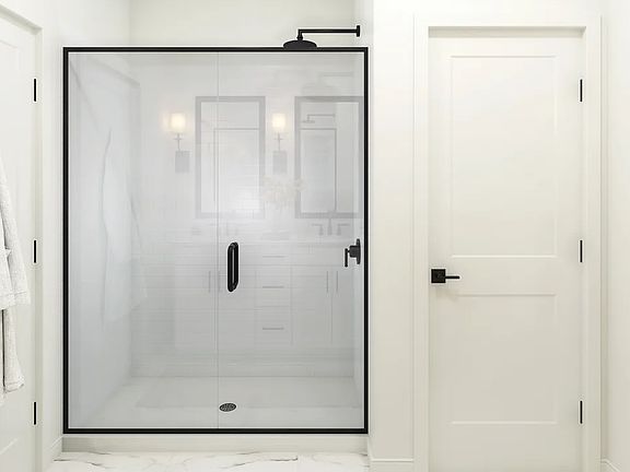 Primary bath shower with matte black fixtures