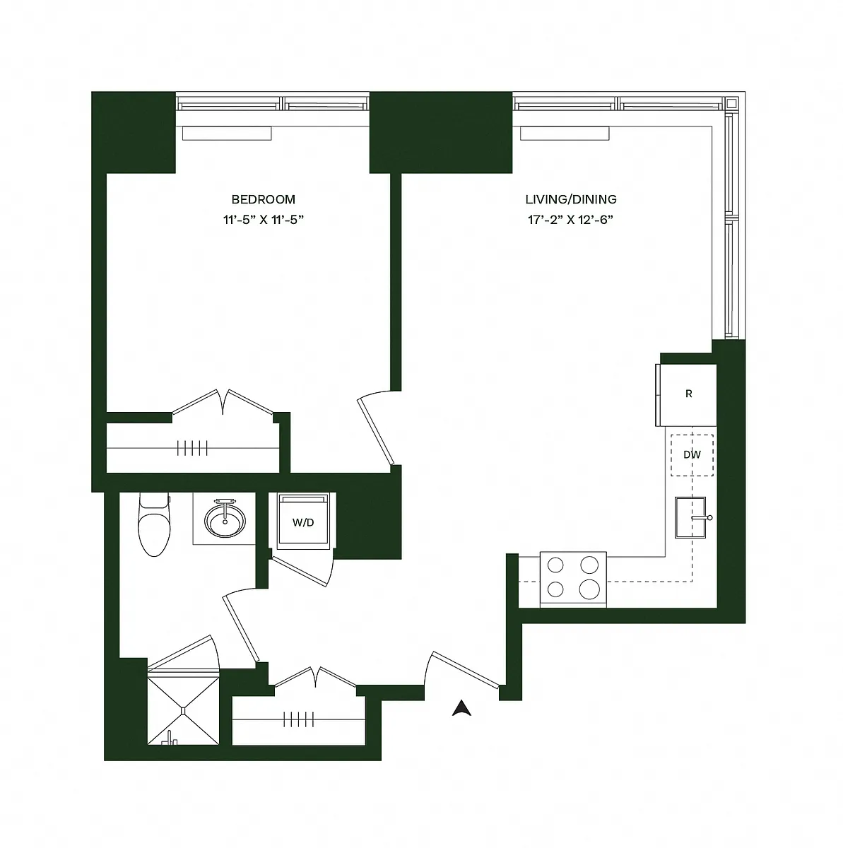 Floor plan Residence 13 - North: 1BR 1BA
