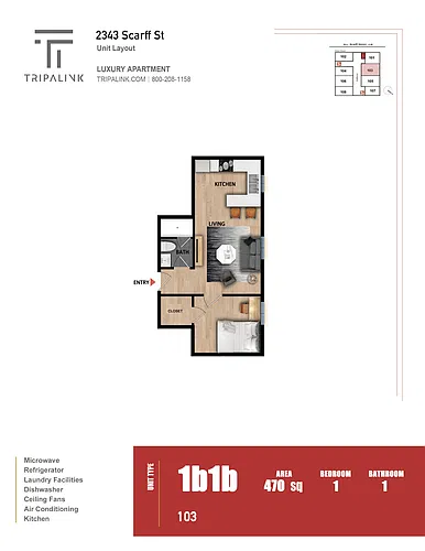 Floor plan 1 Bed 1 Bath - 470 sqft
