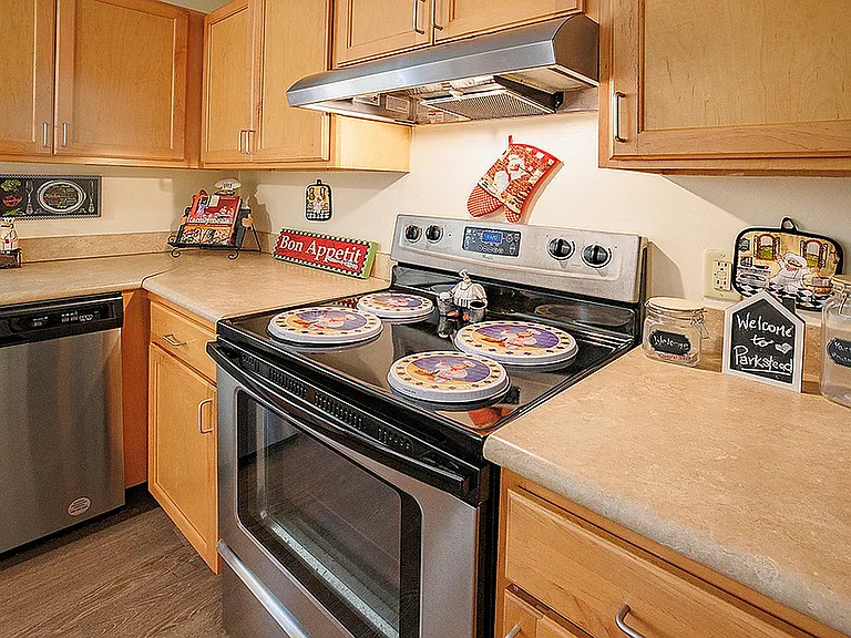 Charming kitchen with warm wooden cabinets, modern stainless steel appliances, and enchanting decor, perfect for culinary enthusiasts.
