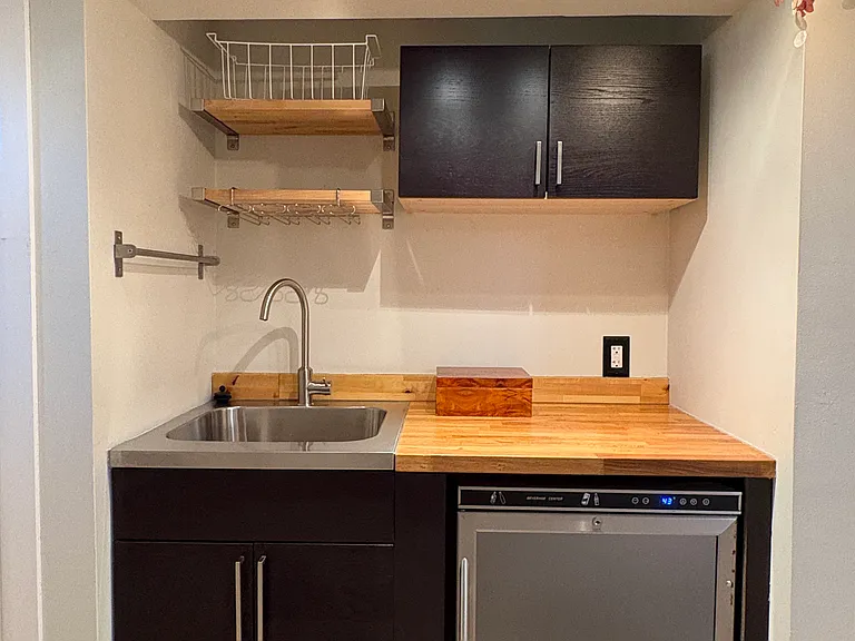 Basement bar with Sink and Beverage Fridge