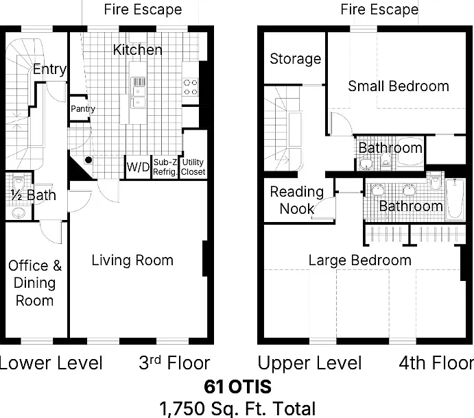 The third and fourth floor residence offers living, working, and kitchen spaces on the lower level, with two bedrooms and two full baths above.