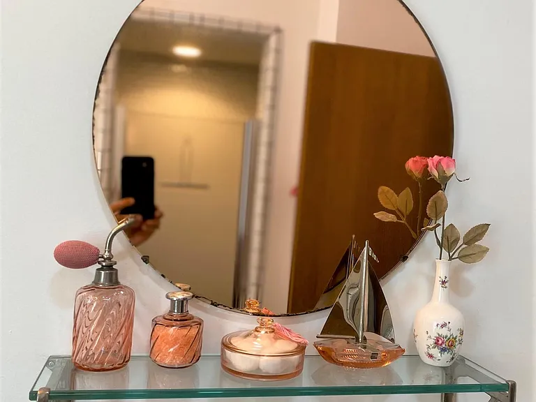 Vintage Pink DG Towel Bar Shelf dressed in pretty pink Vanity Depression Glass & Wall Mirror