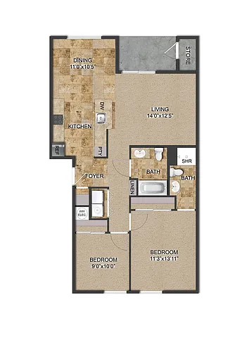Floor plan 2 Bedroom 2 Bathroom - Medium