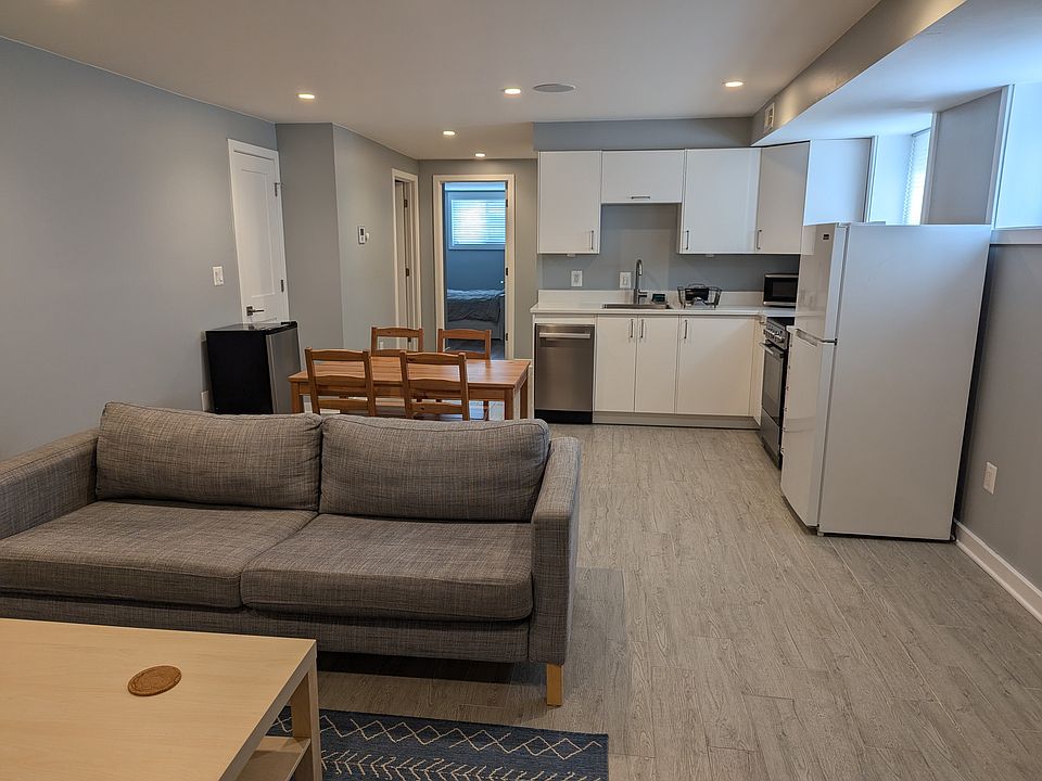 Kitchen, dining, and living area