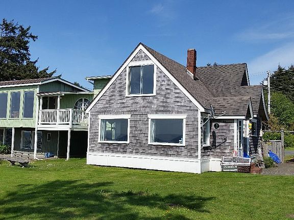 front of house showing shared garden. Pond on far left.