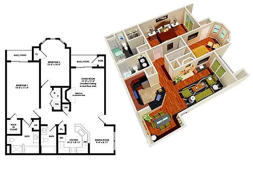 Floor plan 2 Bedroom +fireplace