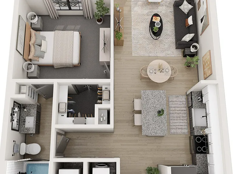 Explore this stylish one-bedroom apartment layout, featuring an inviting living space and modern amenities. Explore this stylish one-bedroom apartment layout, featuring an inviting living space and modern amenities.